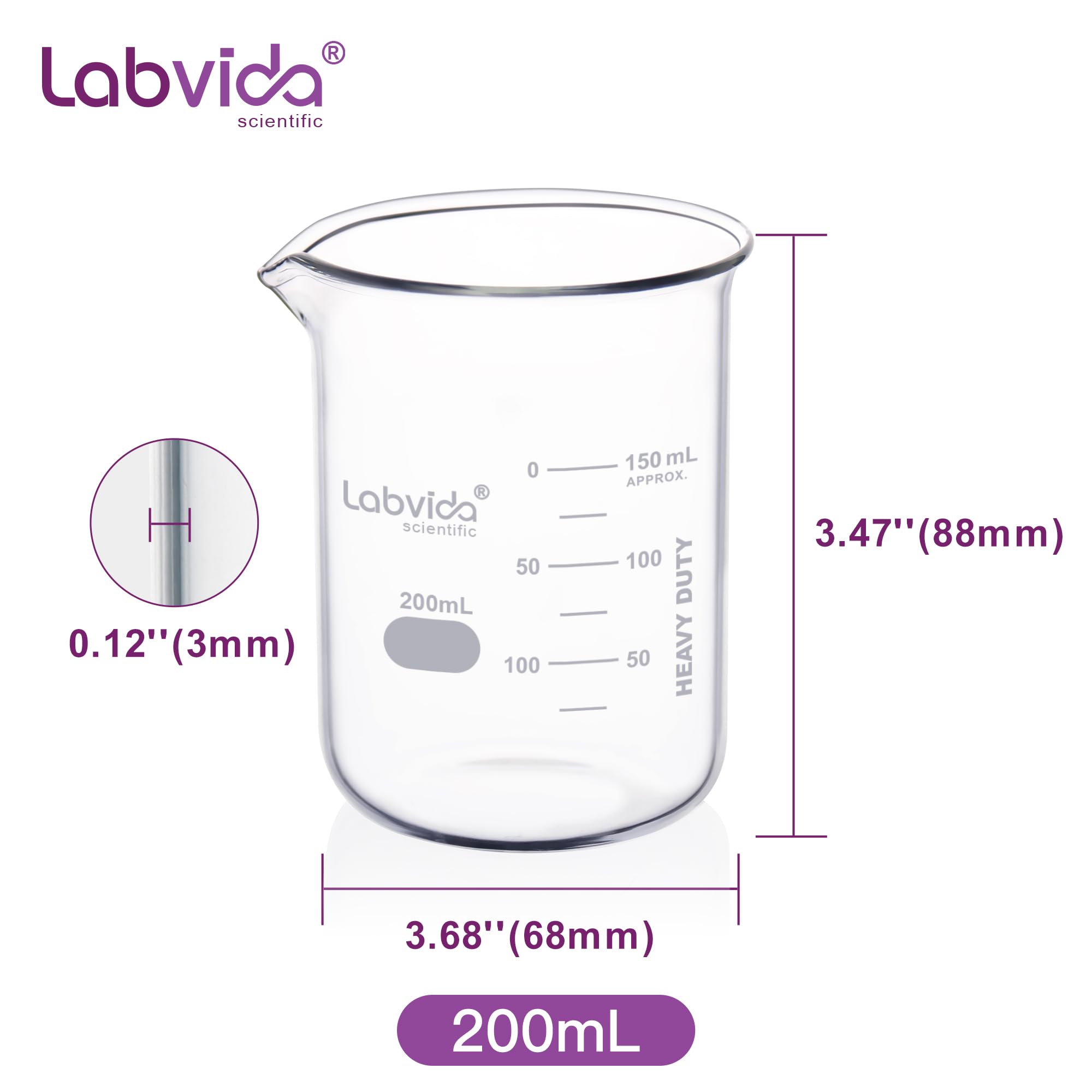 Griffin LVA008 - Vasos de vidrio de baja forma, 200 ml, borosilicato 3.3 con graduación impresa, 12 unidades