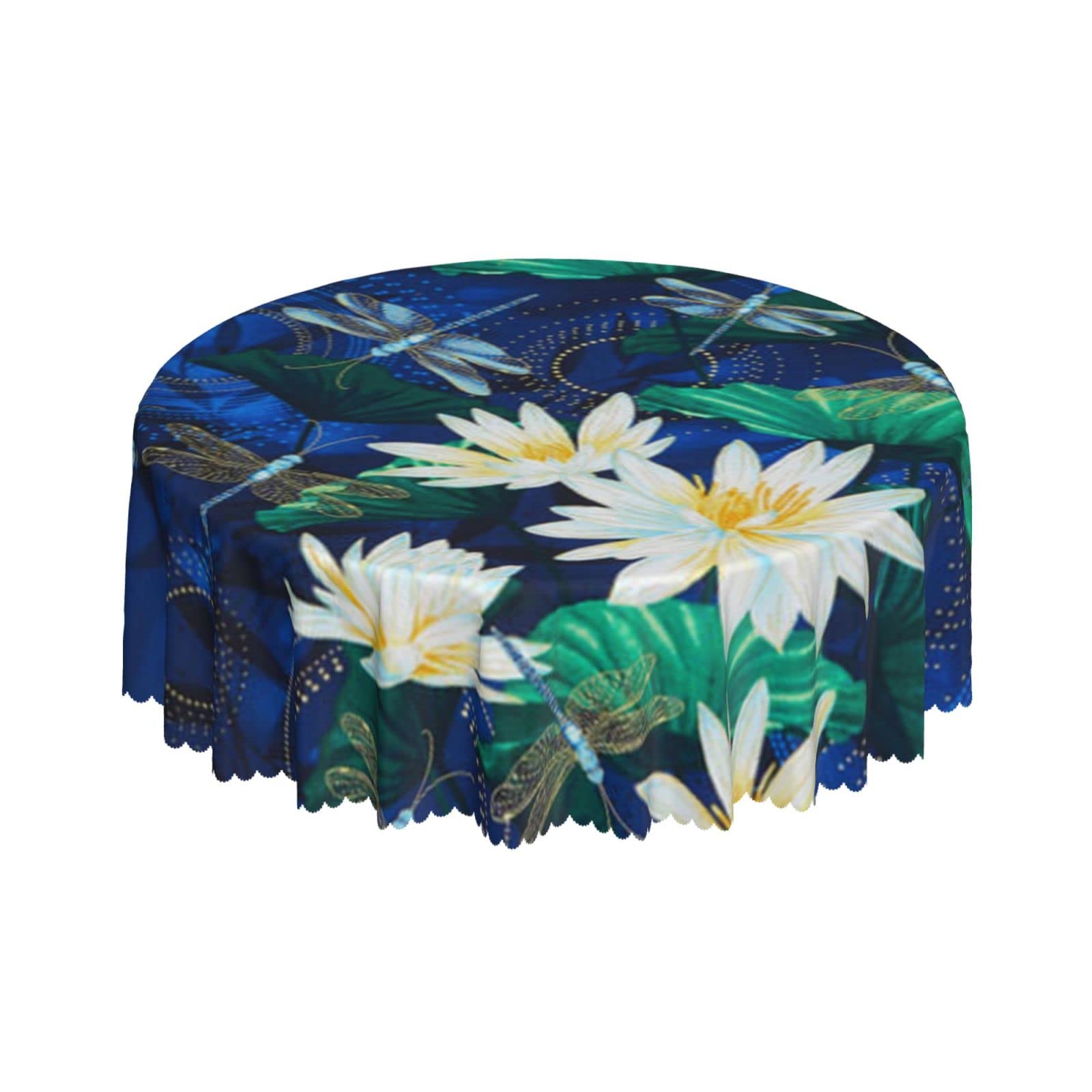 Lsjuee Beautiful Dragonfly Lotus Blue Round Tablecloth 60 Inch Printed Washable Tablecloth for Dining Party Holiday Fall Home Decorative
