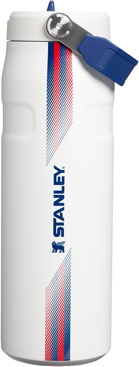 Botella IceFlow Flip Straw 2.0, 24 oz, Team White Dark Blue | Asa de fácil transporte | Tapa giratoria y pajita abatible | Botella de agua ligera | Acero inoxidable aislado | Sin BPA