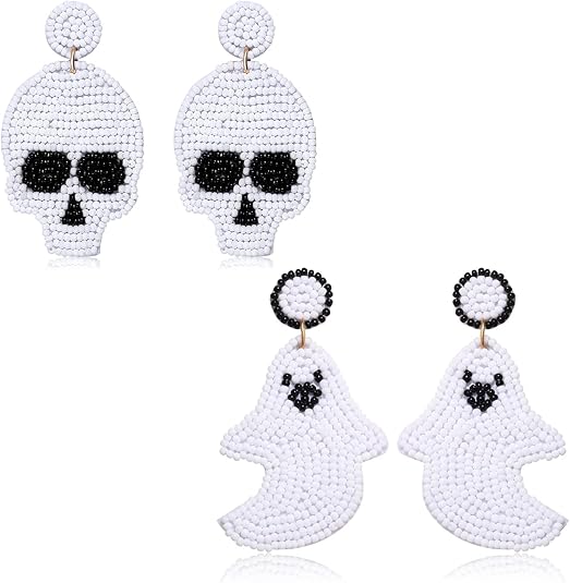 NLCAC Halloween Beaded Skull Earrings Statement Spooky Sugar Skull Skeleton Beaded Dangle Earrings Halloween Costume Jewelry for Women
