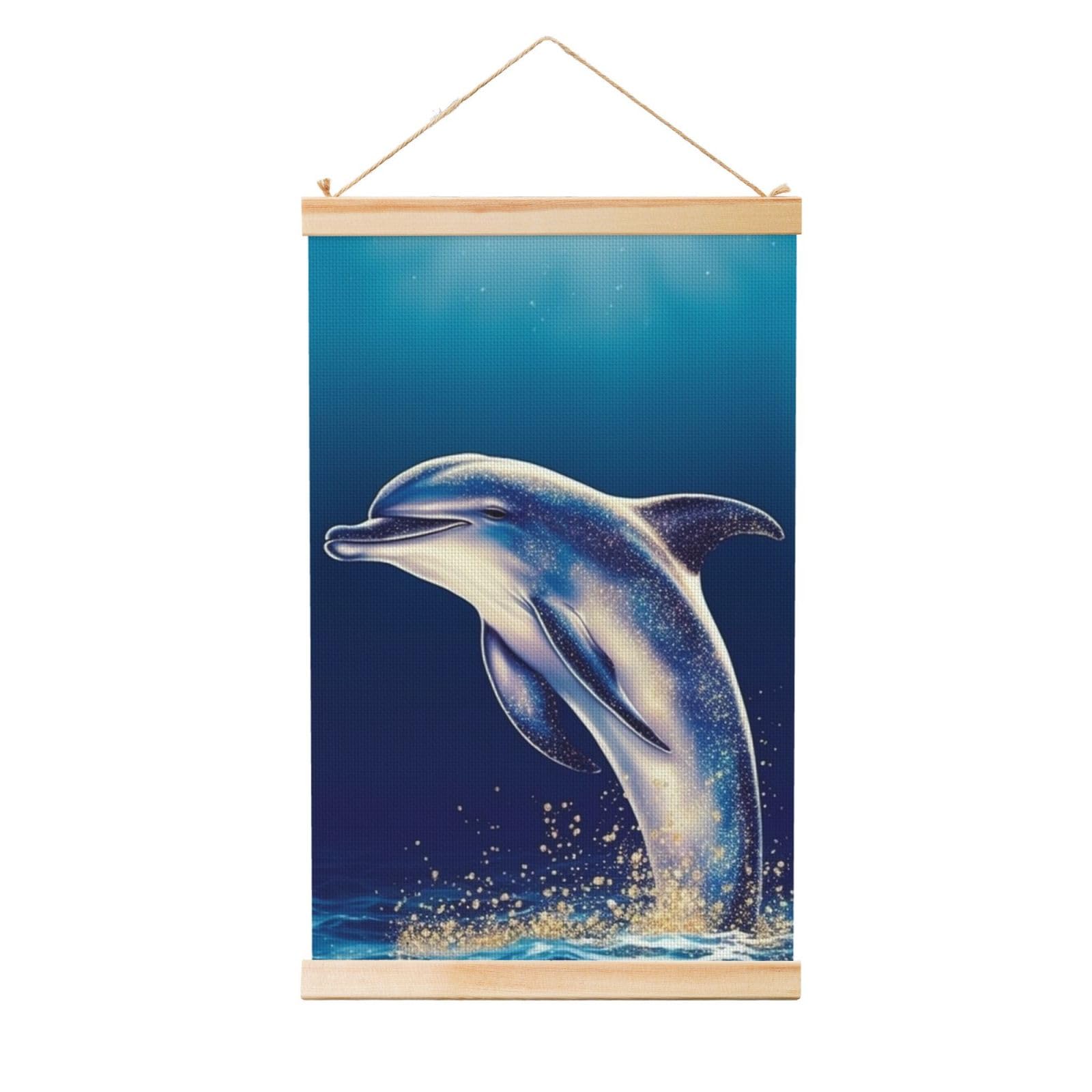 Glitter dolphin Poster Wooden Shaft Hanging Poster Wall Hanging Banner Canvas Artwork with Wood Frames 16"x24" Modern Artwork Decor Ready to Hang Wall Art for Home Decor Scroll Painting