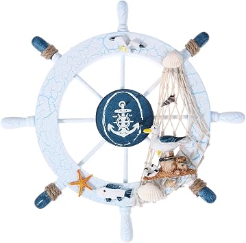 WINOMO Nautical Beach Wooden Boat Steering Wheel Fishing Net Shell Home Wall Decor