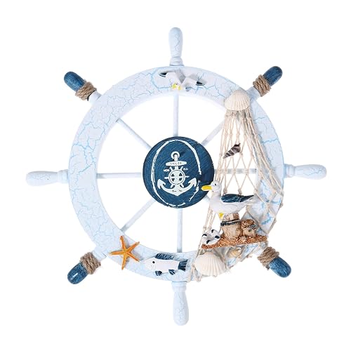 WINOMO Nautical Beach Wooden Boat Steering Wheel Fishing Net Shell