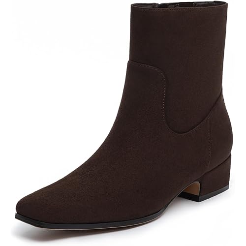 Athlefit Women's Chunky Low Heel Ankle Boots Fashion Square Toe Side Zipper Short Booties
