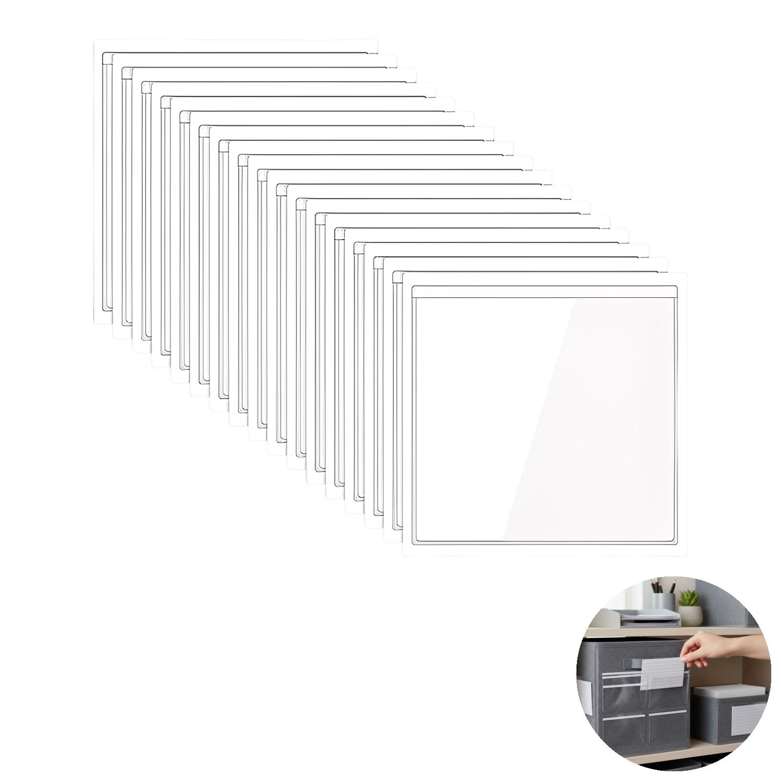 100 pochettes adhésives pour bacs de rangement, porte étiquettes en plastique transparent, 9,5 x 6 cm, pour boîtes, bacs, étagères, maison, bureau, classement et organisation quotidienne