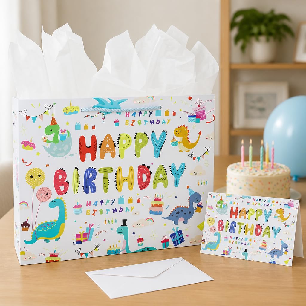 Oletx 13" Dinosaur Gift Bags with Handle,Happy Birthday Party Favor Wrapping Bags with Tissue Paper Greeting Card