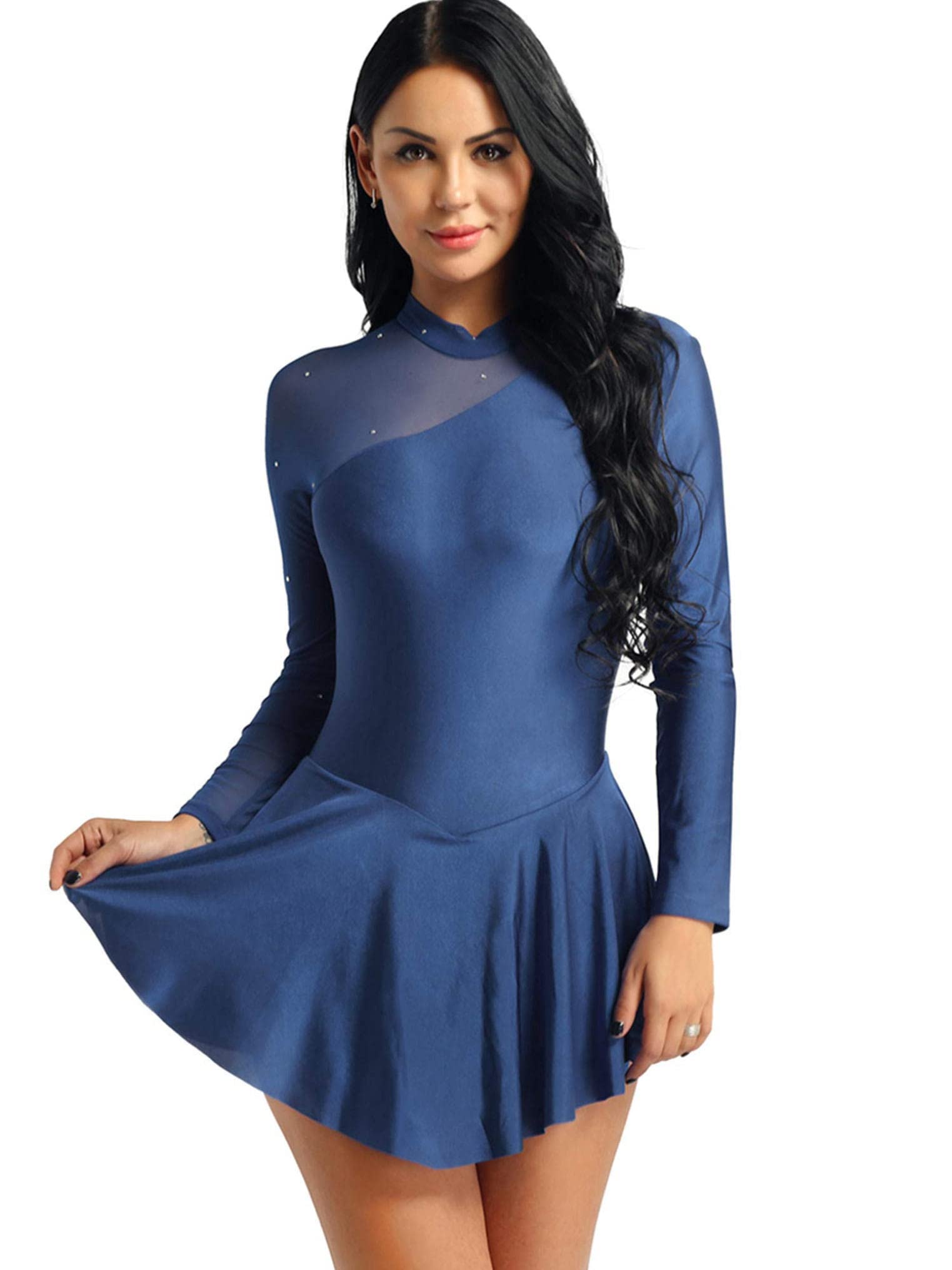 YEAHDOR Women Girls Figure Ice Skating Dress Long Sleeve Skirted Leotard Competition Lyrical Costumes Navy Blue Small