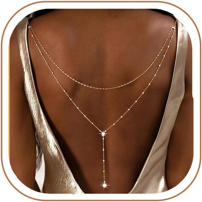 Longita Gold Back Necklace for Backless Dress Back Jewelry Backdrop Necklace Back Chain Gold Body Chain Jewelry for Women Sexy Trendy Dainty Bride Bridesmaid Evening Gown Prom Accessories