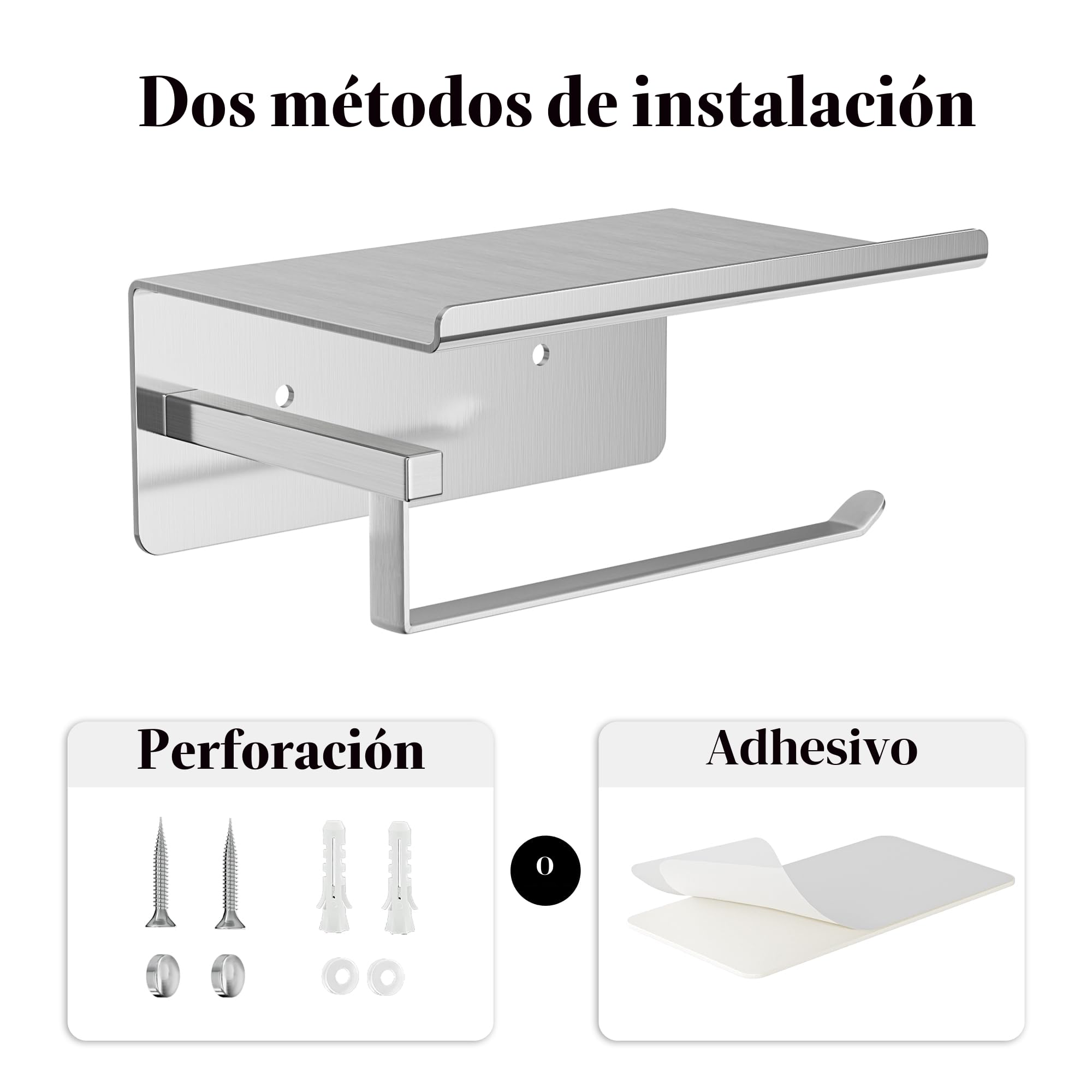 susswiff Soporte para papel higiénico con estante cromado – Soporte para rollos de papel higiénico, autoadhesivo, sin taladrar, soporte de papel higiénico para baño, acero inoxidable, plateado
