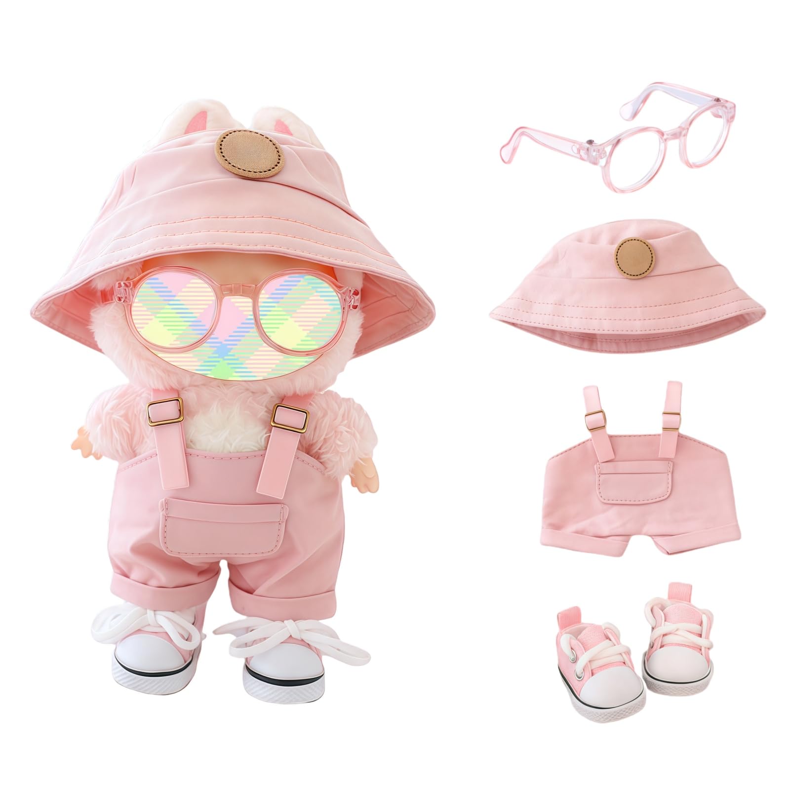 Clothes for Lu bubu Dolls(No Doll) Accessories, Stylish Kawaii Overalls Outfit Set 4 Pieces Bib Pants for 17cm Dolls, Cute Doll Hat Shoes Clothing Set Replacement Pink