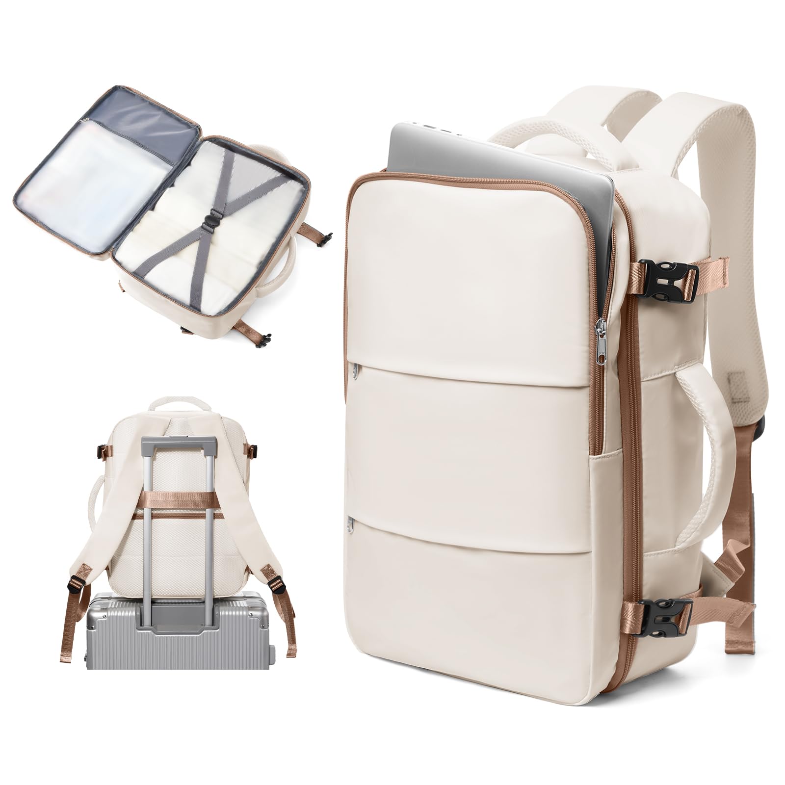 Cabin Bags for Travel, Underseat Carry on Hand Luggage Backpack for Women Airplane Approved Travel Backpack Personal Item Travel Bag 14 inch Laptop Backpack for Business Casual Work Beige — view 49