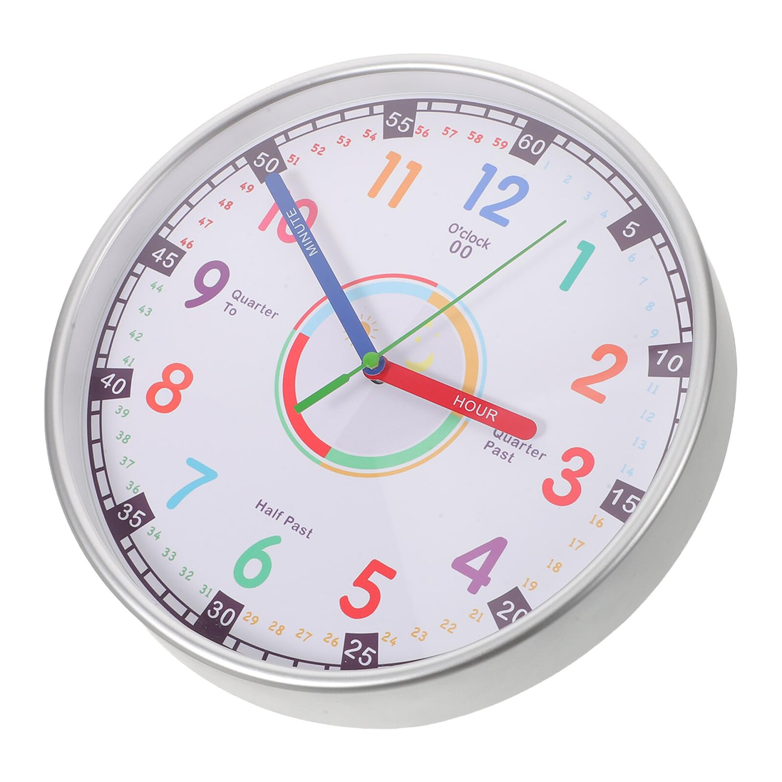 Horloge murale pédagogique anti tic-tac avec cadran clair pour enfant