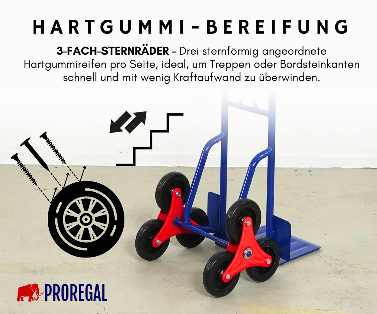 PROREGAL Diable pour escaliers Odin | HxLxP 111x60x43cm | Capacité de Charge 200kg | Pneus en Caoutchouc Dur | Bleu
