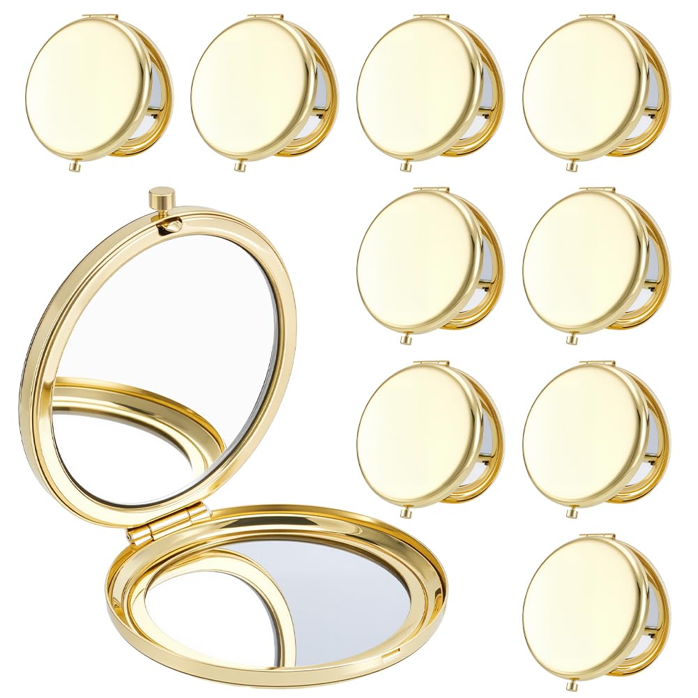 arricraft 10 Stück Kleiner Faltbarer Make Up Taschenspiegel Goldener Doppelseitiger Runder Metallspiegel Mit 1 Facher/2 Facher Vergrößerung Für Frauen Und Mädchen Reisen Arbeit Date