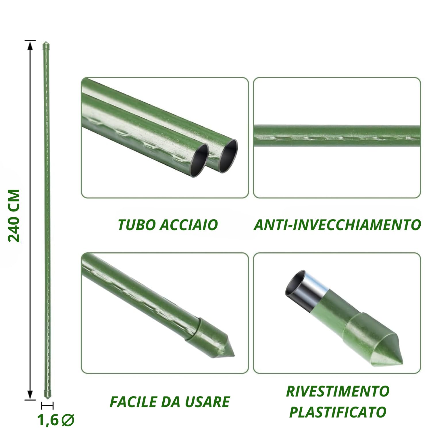 Bastoncini Supporto Piante Rampicanti Set 10 Cannette Acciaio Plastificato Bastone 1,6 Ø x 240 cm Tutore Verde Giardino Orto Pomodori Melenzane
