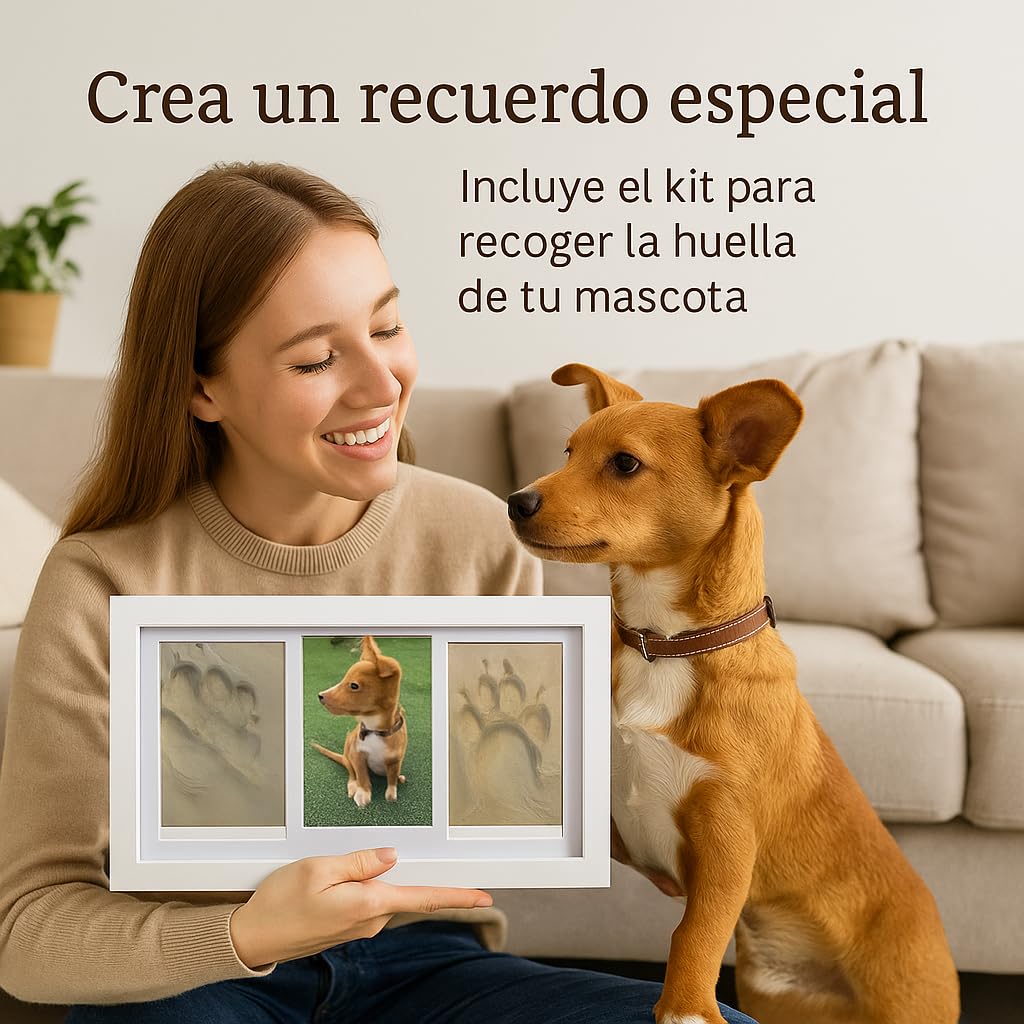 Marco para Huellas de Mascota (Perro, Gato) con Foto. Kit de Impresión de Arcilla Blanca. Caja Regalo con paspartus de Colores.Recuerdo Personalizado para Perros y Gatos.