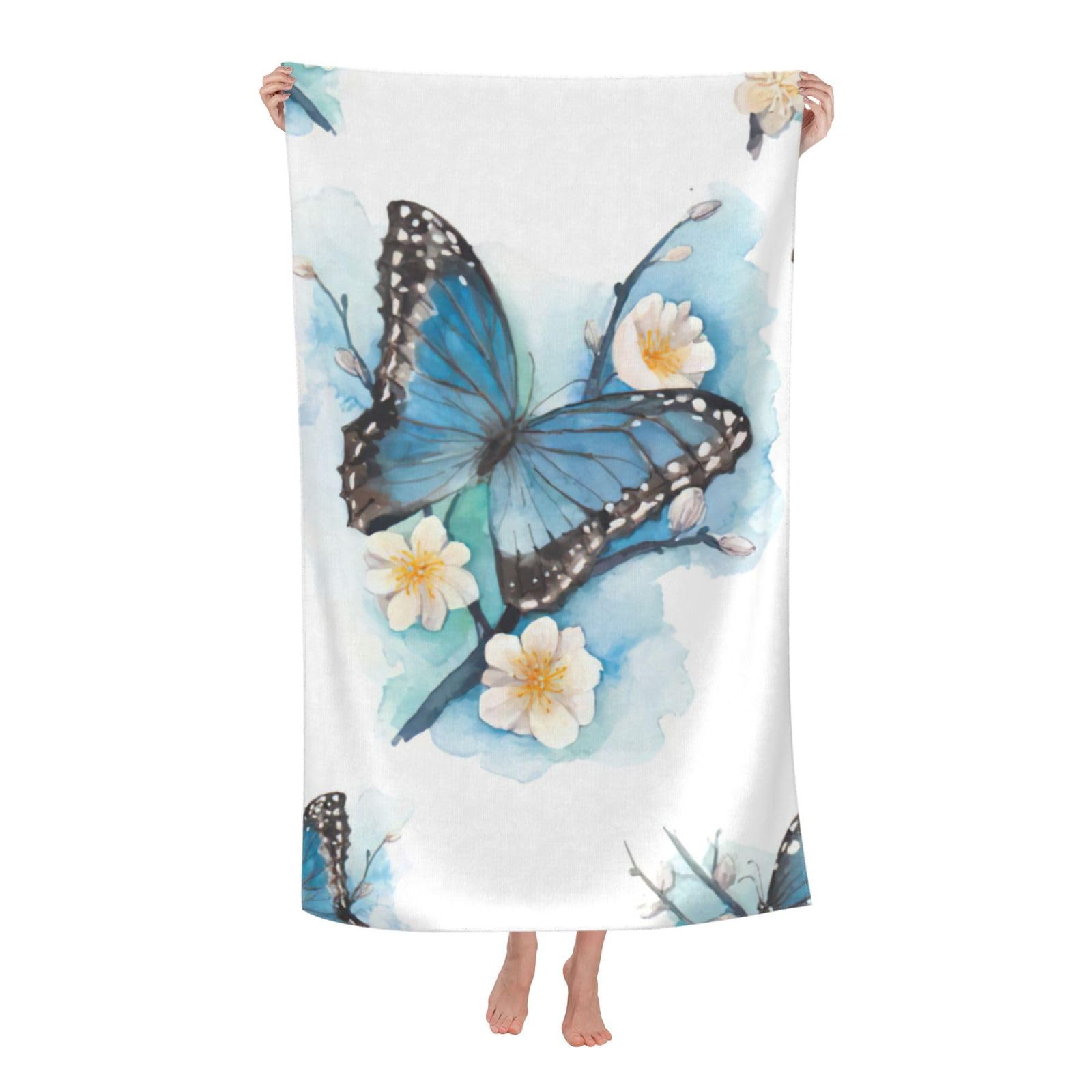 NImongt Blue Butterfly On Blossom Flower Print Oversized Adult Beach Towel For Travel Weekend Getaways Festivals Camping Trips