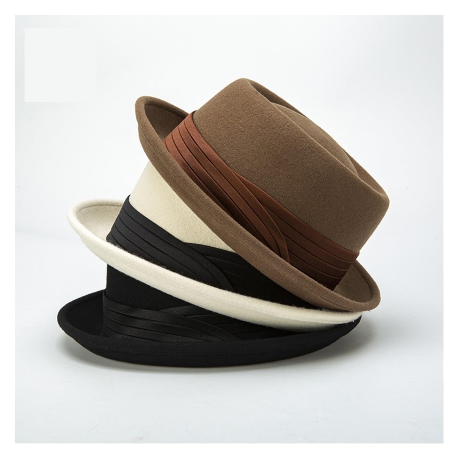 Sombrero Pork Pie de ala enrollada negro for hombre, sombrero Fedora lana blanca, gorra jazz invierno, caballeros Parte Superior Plana(Black,M 56 to 58cm)
