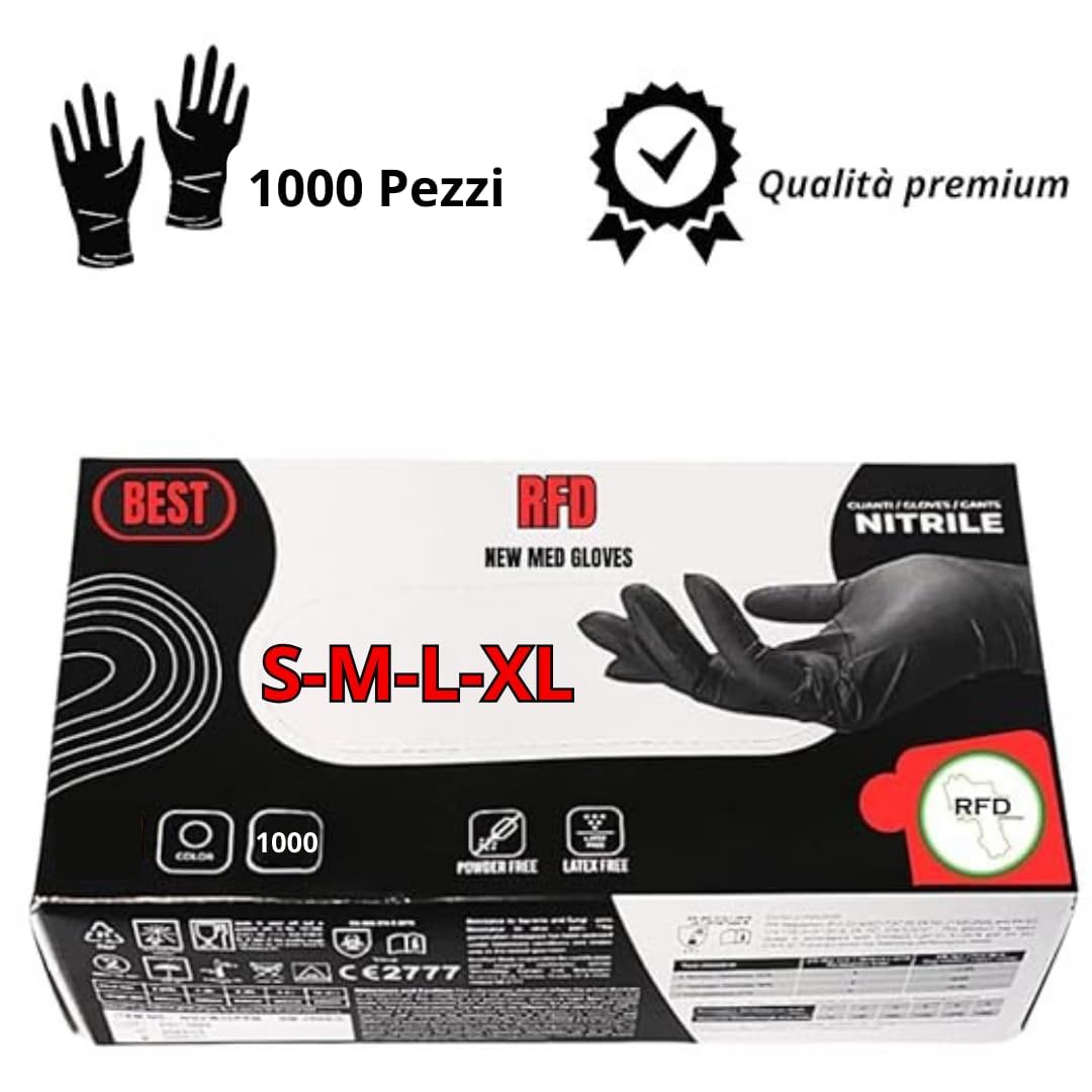 RFD 1000 Guanti in Nitrile Neri Monouso S/M/L/XL Taglie - Resistenti, Professionali e Ipoallergenici - Perfetti per Uso Medico, Laboratorio, alimenti (XL)
