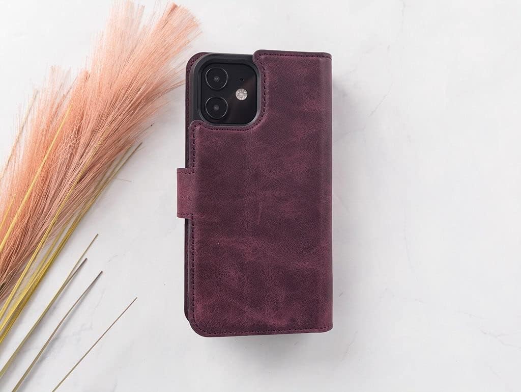 HARDISTON Genuine Premium Leather Handmade Wallet Case for iPhone 11 Pro Max 6.5'' Double Folio Card Holders - Detachable Magnetic Flip Cover - Horizontal Kickstand - Protection for All Edges (Purple)