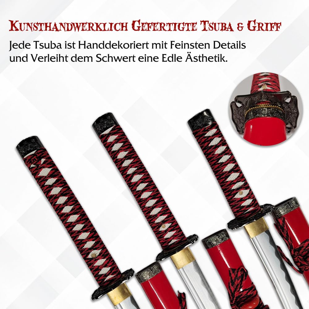 Handgeschmiedetes Samurai Schwert Set Rot (3-teilig) | Katana, Wakizashi & Tanto aus 1050 Kohlenstoffstahl | Inkl. Ständer & Pflegeset | Traditionelles Daisho für Sammler