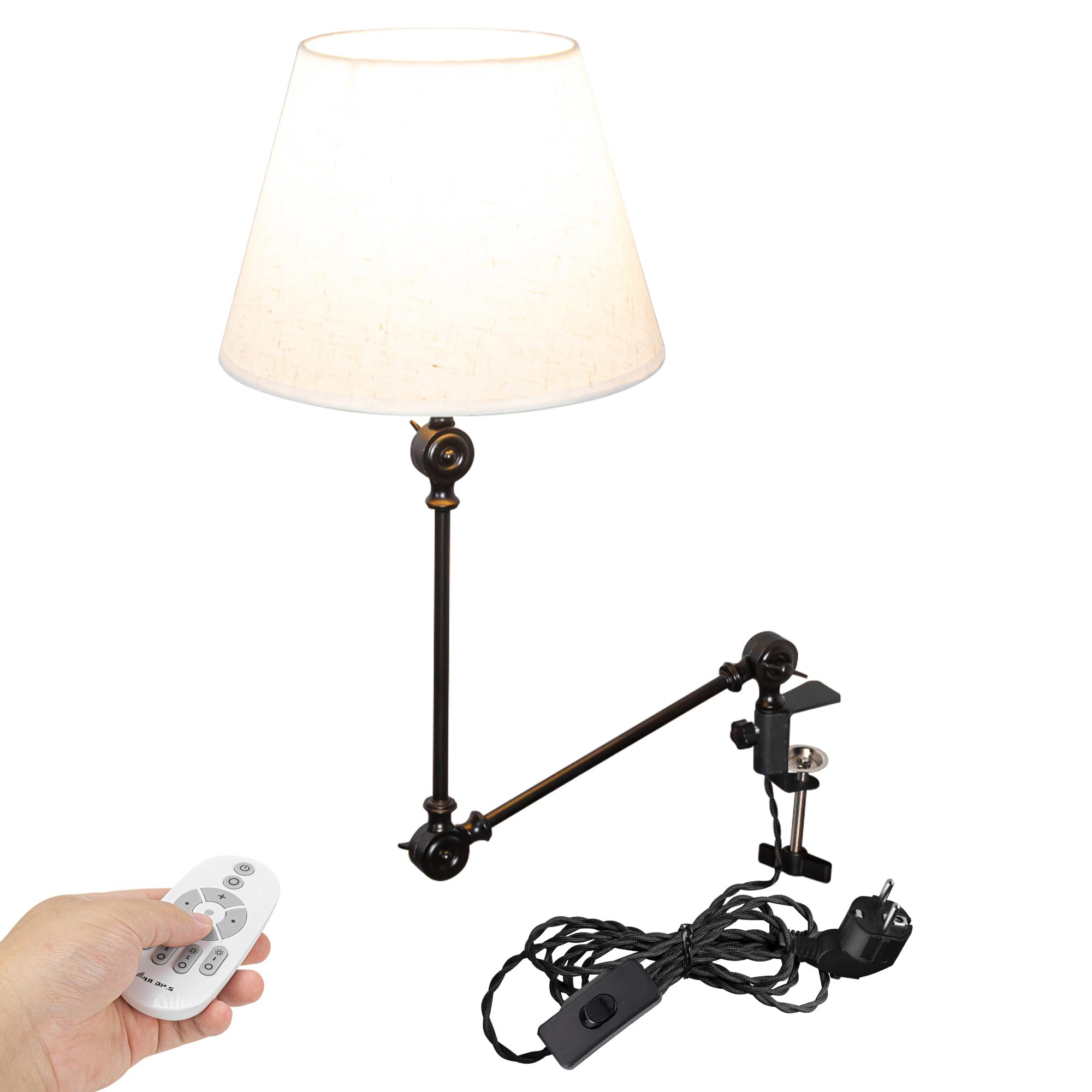 Retro Klemmleuchte mit Fernsteuerung,1 Packung Leselampe mit 2,5 m Kabel, Dimmbar Nachttischlampe,Augenpflege Schreibtischlampe für Büro Heimgebrauch, E27 Lampenhalterung TD0753