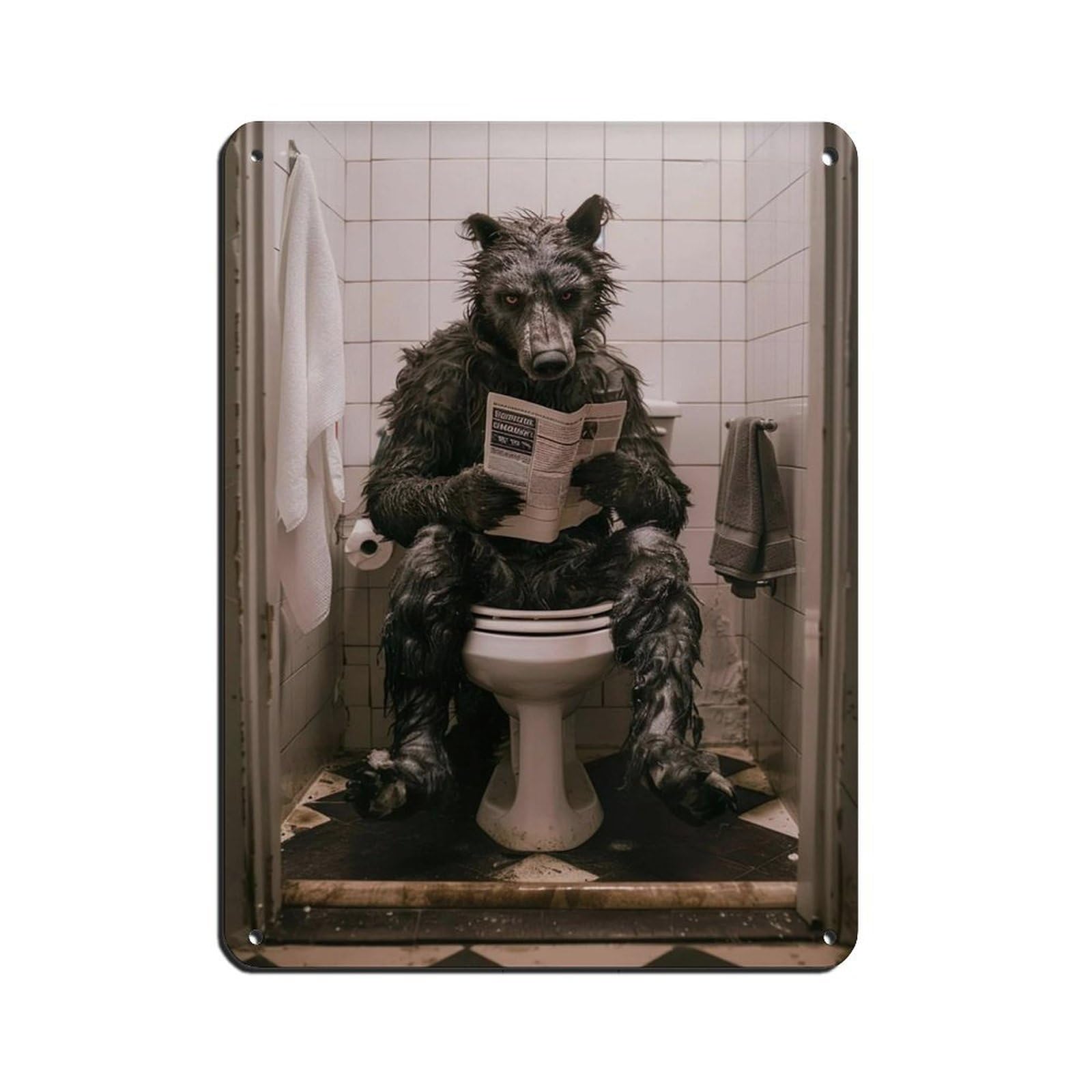 Werewolf Sitting on The Toilet Reading A Newspaper (2) Retro Poster Metal Tin Sign Chic Art Retro Iron Painting Bar People Cave Cafe Family Garage Poster Wall Decoration 12x16inch(30x40cm)