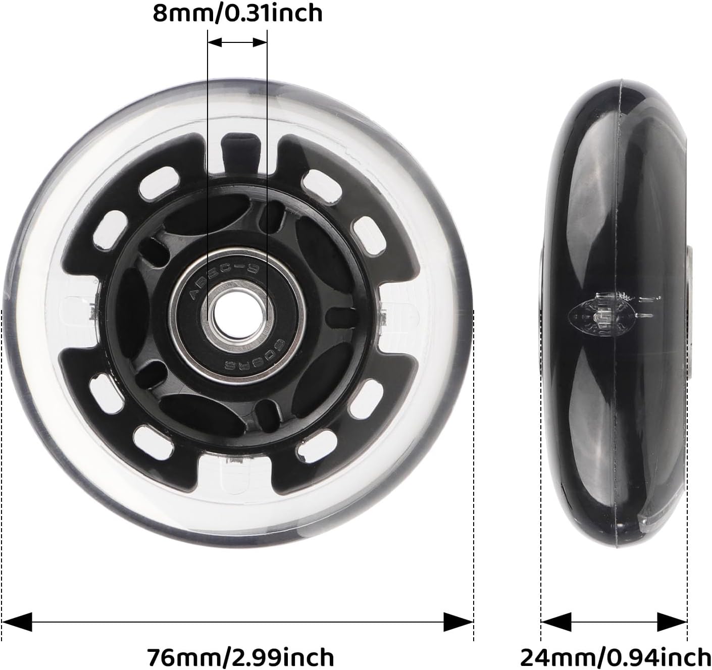 Inline Skate Wheels Light Up 85A Indoor Outdoor Replacement Wheels with ABEC-7 Bearings for Kids & Children Beginner Inline Skates, Pack of 8 (Black, 76mm)