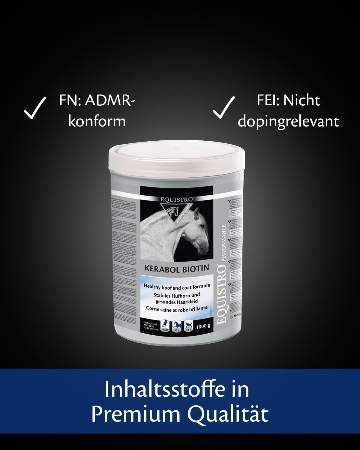 EQUISTRO® Kerabol Biotin| Ergänzungsfuttermittel für Pferde | Fördert ein gesundes Hufwachstum und Fellwachstum| Soforthilfe bei geschädigtem Hufhorn | 1.000g