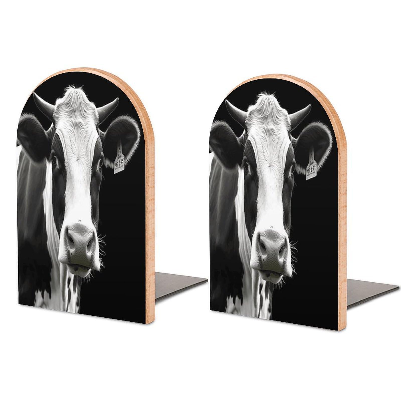 Animal Funny Cow Head Black White Bookends for Shelves Non Skid Book Stoppers Universal Economy Bookend Heavy Duty Wood Book End Decorative Book Shelf Holder for Home Office Desk 1 Pair