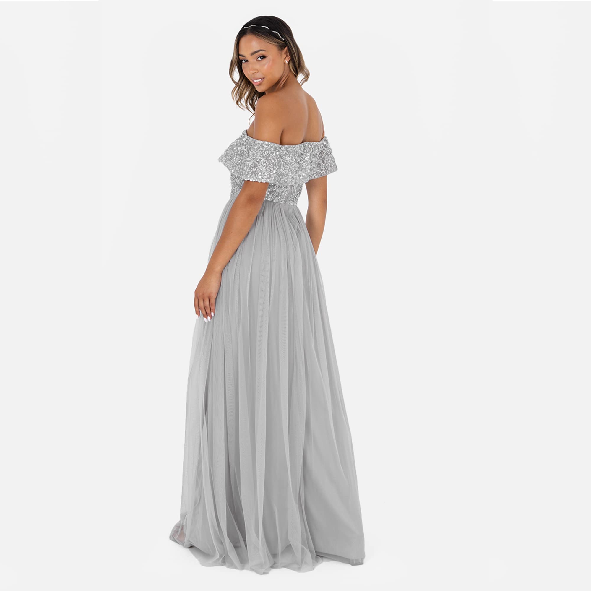 Maya Deluxe Soft Grey Bardot Embellished Maxi Dress Robe de Demoiselle d'honneur Femme