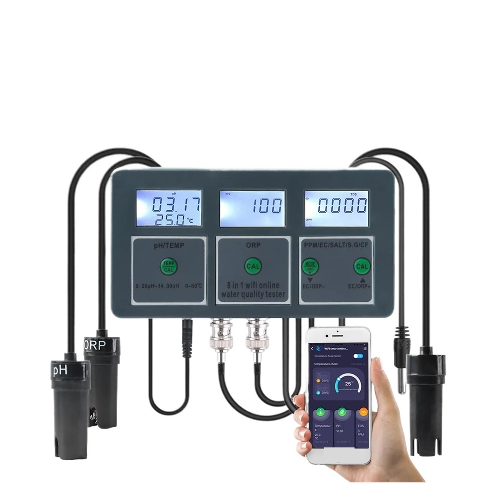 Kongmm One Color Digital Water Tester, Wifi Tuya Smart Ph Orp Tds Ec Salt Sg Temp Cf Monitor Meter Online Water Quality Tester Data