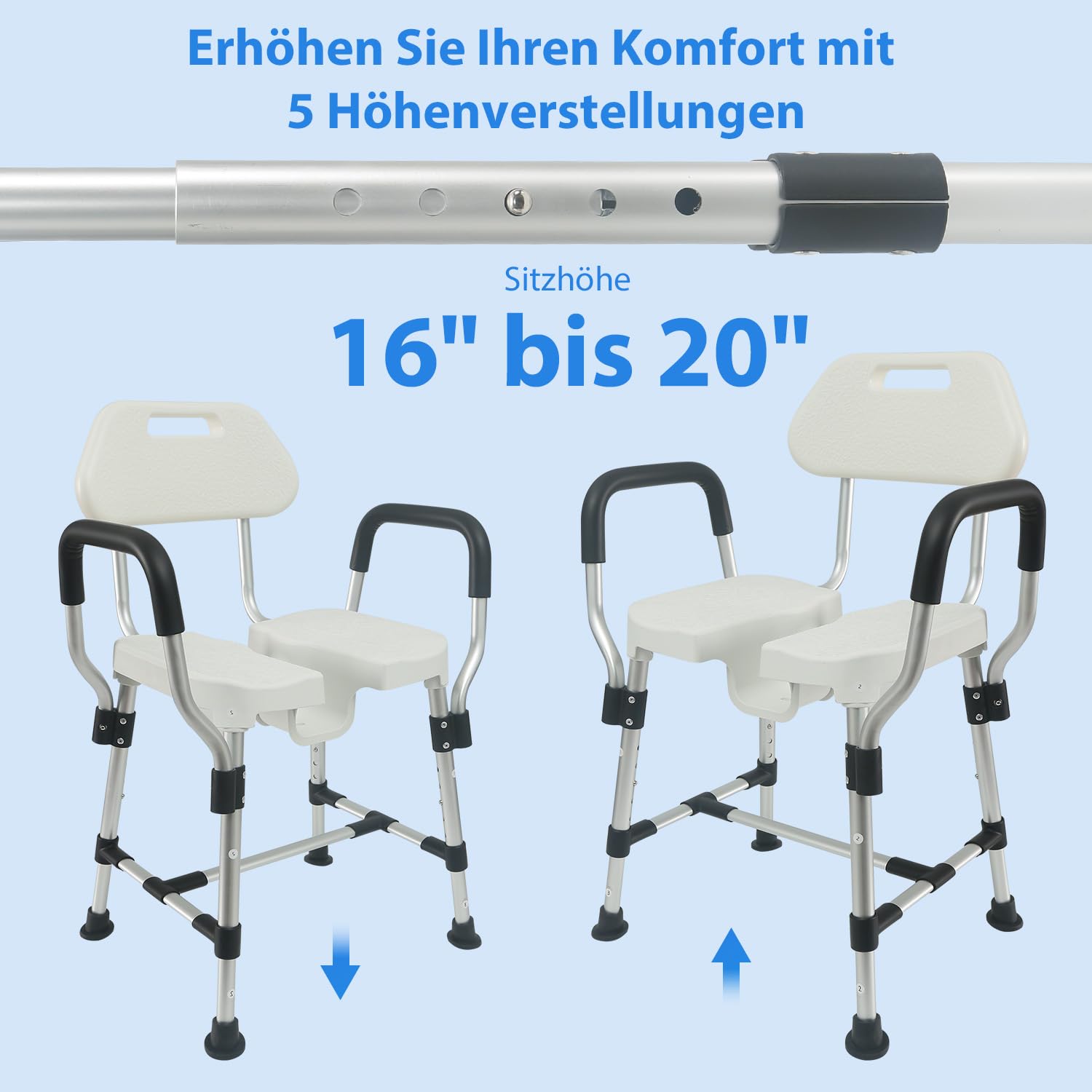 U-förmiger Duschstuhl mit Lehne für die Dusche, Bis 180kg Robuste Dreifach-Stangen-Basisverstärkung mit Arm- und Rückenlehne für Senioren, höhenverstellbar