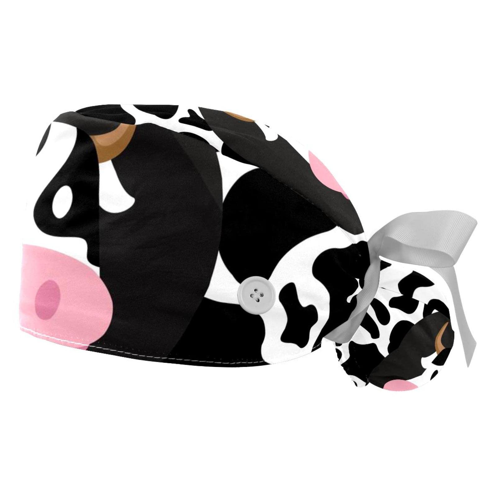 2 PCS Bouffant Cap with Button Ponytail Pouch Working Cap Sweatband Adjustable Surgical Cap Black and White Cow