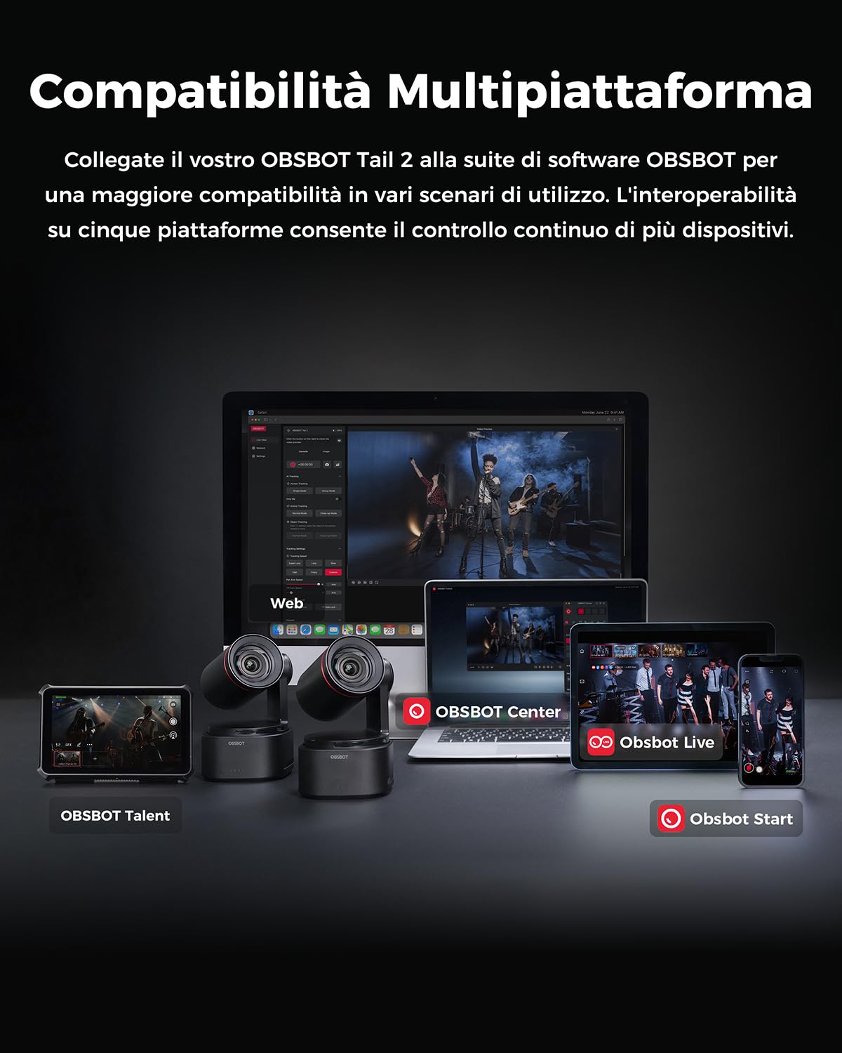 OBSBOT Tail 2 con NDI, PTZR Camera 4K@60FPS, Pro AI Tracking, 1/1.5" CMOS, 50MP, Zoom Ottico 5X, Zoom Ibrido 12X, Uscita SDI/HDMI/IP/USB 3.0, Live Streaming per Istruzione, Conferenze, Culto, Live