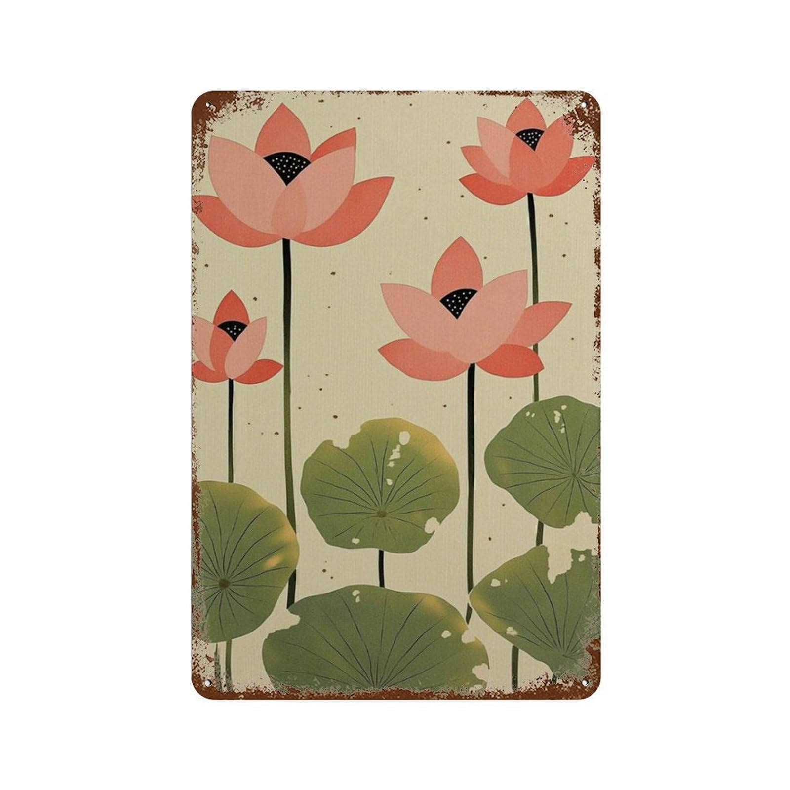 xiaoxiaoshen Lotus Flower Japanese Style Botanical Pond Zen Floral Work Minimal Nature Wall Decor Art Metal Tin Poster Modern Home Decor Art Home Bar Shop Decorations Vintage Sign 30x20cm