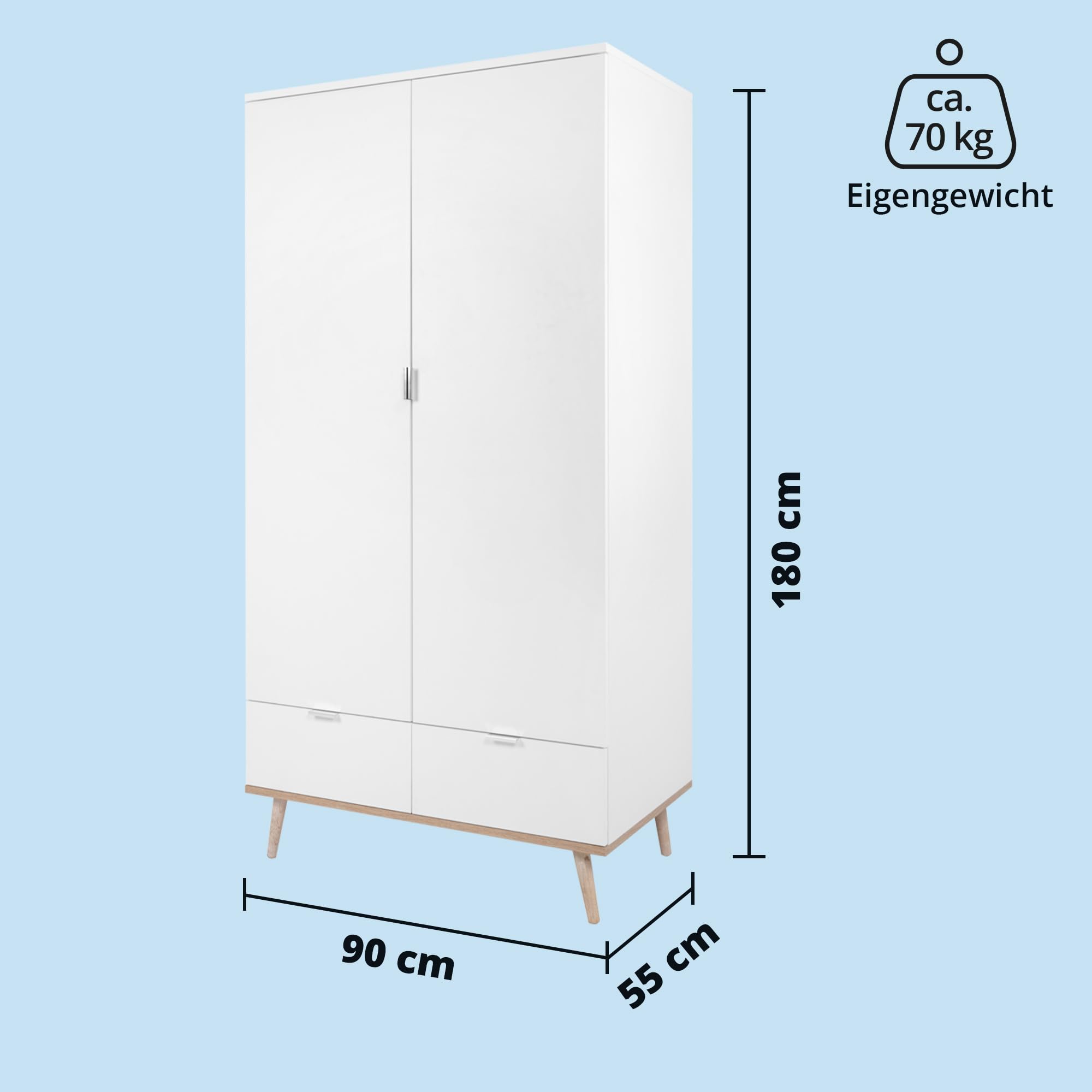 KHG Kleiderschrank 2-türig mit 2 Schubladen Scandi, Schublade, Tür | Sideboard aus Holzwerkstoff weiß foliert für Schlafzimmer, inkl. Kleiderstange 90x180x55 cm (B/H/T), für Stauraum