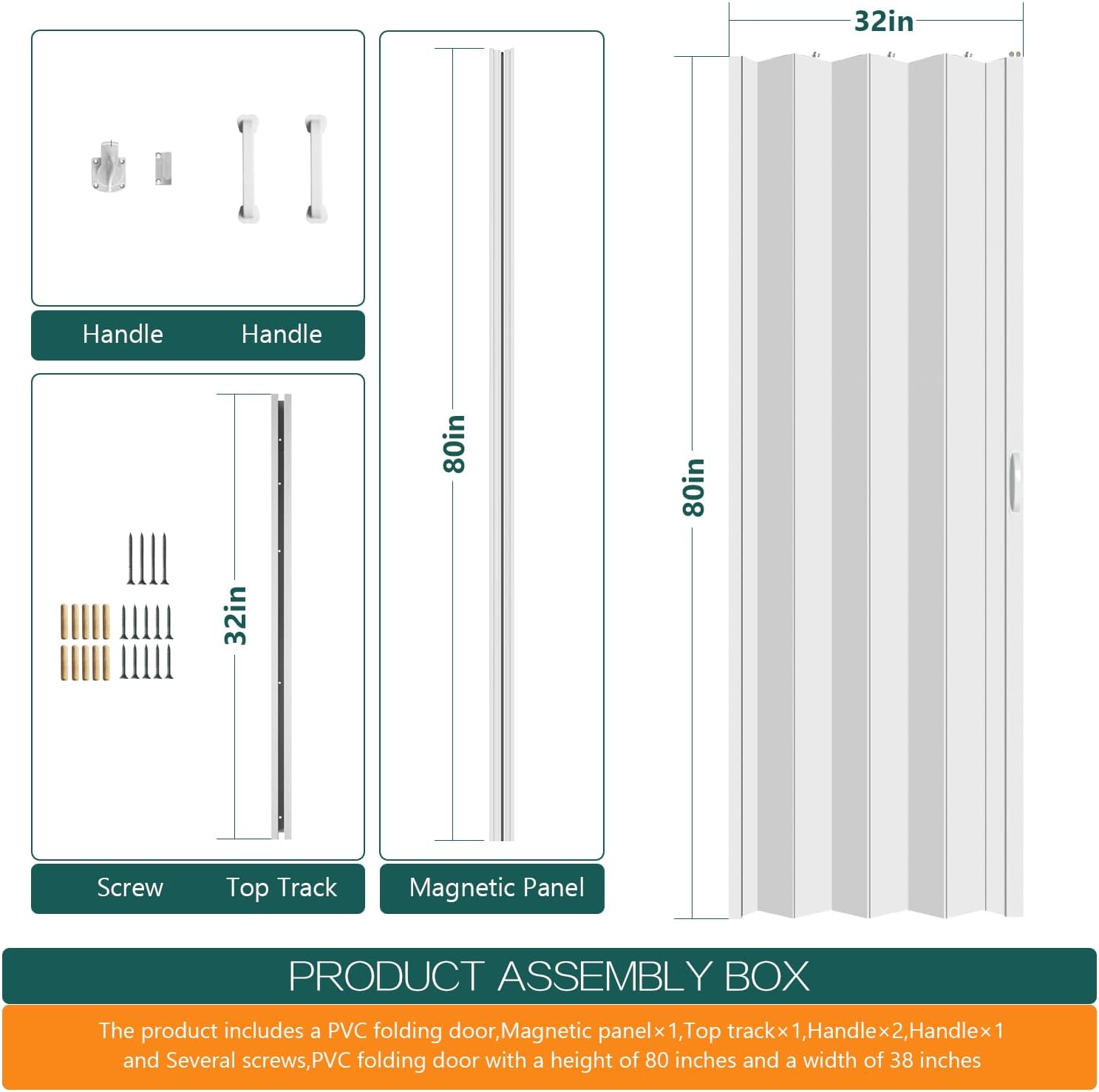 32×80in PVC Internal Accordion Folding Door, Multifold Sliding Door for Closet, White in Color, with Installation Hardware; Handle; Latch.