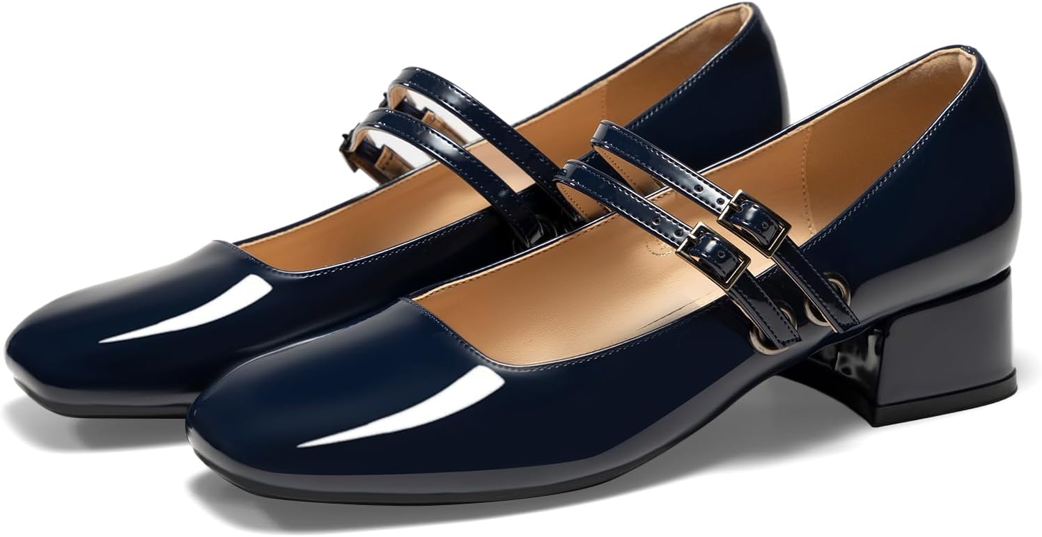 Women's Mary Jane Low Pearl Heels Closed Square Toe Pumps Ballet Dressy Double Strap Comfortable Slip on Shoes - Image 4