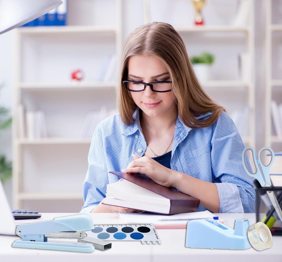 Blue Office Supplies for Kids, Desk Accessories for Kids, Stapler and Tape Dispenser Set for Women, Blue Office Accessories Gift for Women, Boss Lady, Office Lady, Coworkers, Office Clerks, Kids thumbnail