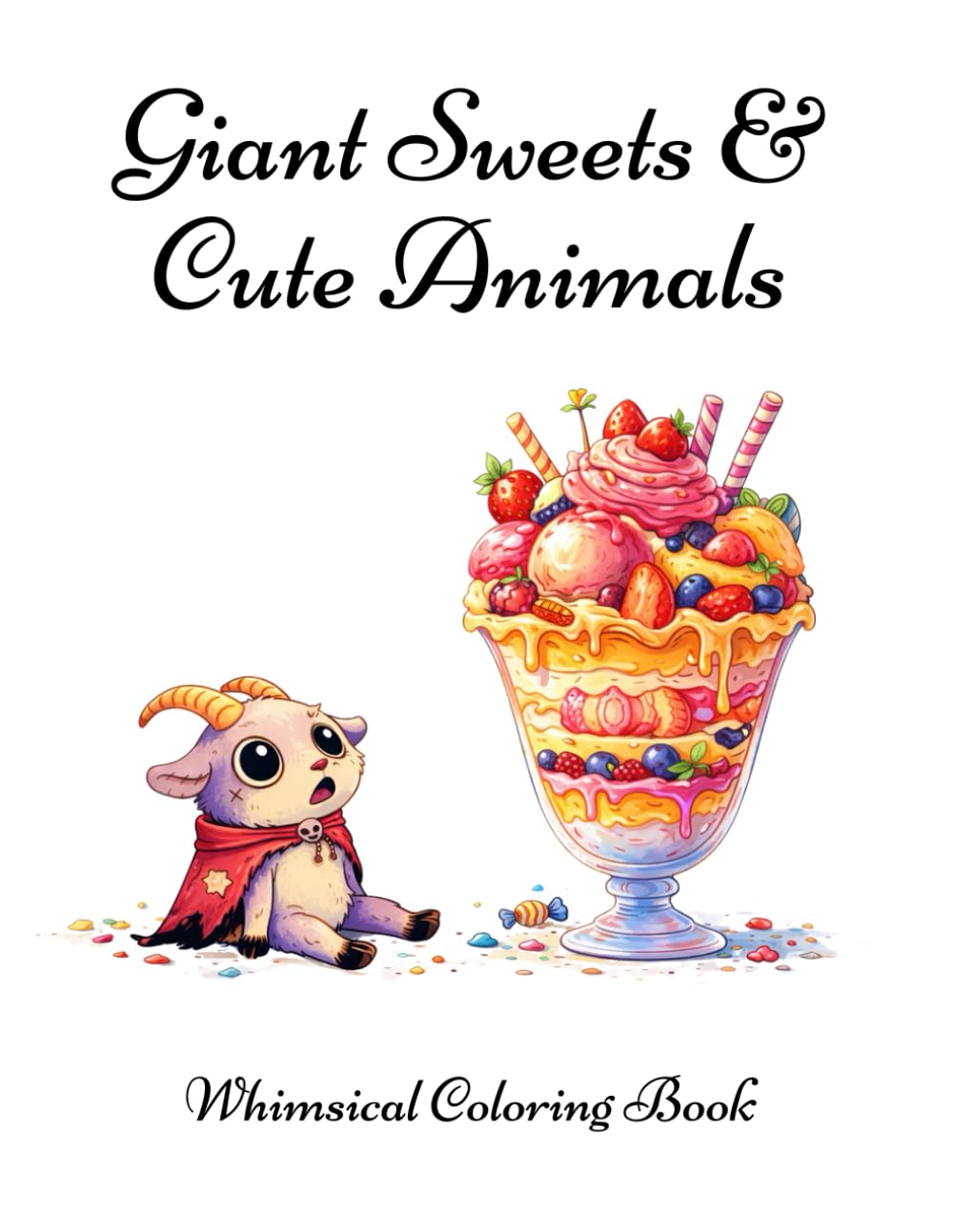 Giant Sweets & Cute Animals Coloring Book for Adults: Whimsical Stress Relief Coloring Pages Featuring Adorable Animals and Oversized Desserts