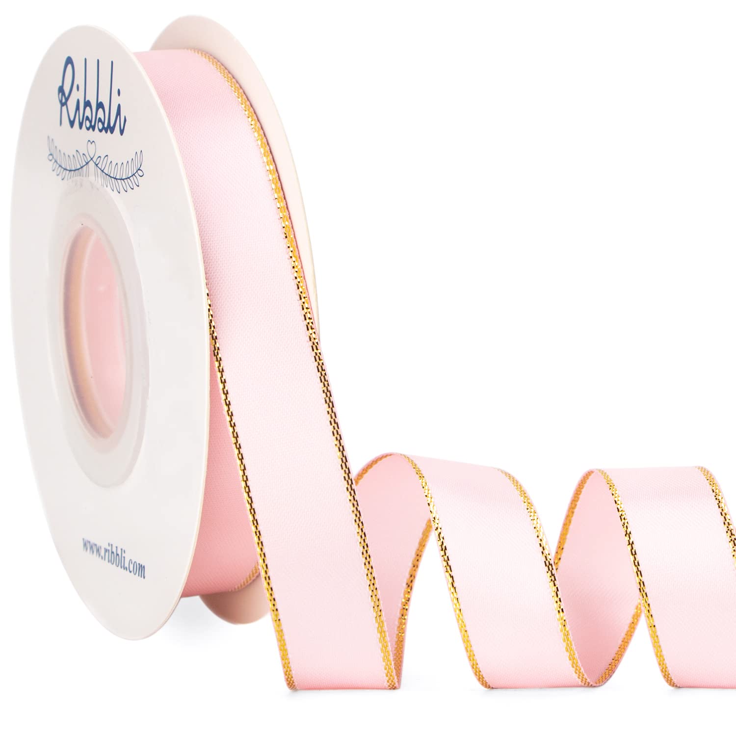 Ribbli Light Pink Satin Ribbon with Gold Edge,Double Faced Satin 5/8 Inch x Continuous 25 Yards,Baby Pink Ribbon Use for Crafts, Gift Wrapping,