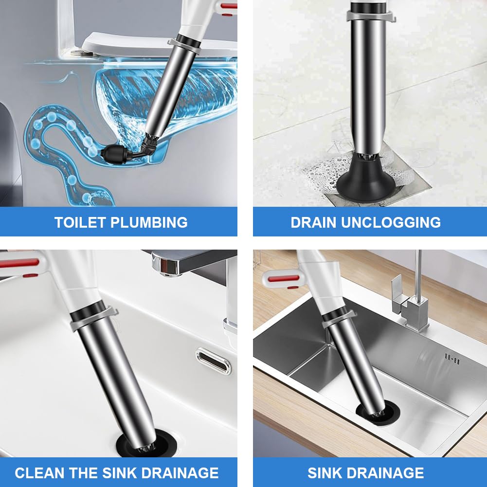Kit de débouchage haute pression avec indicateur de pression d'air, pompe à air comprimé avec 4 embouts, déboucheur universel pour toilettes, lavabo et douche