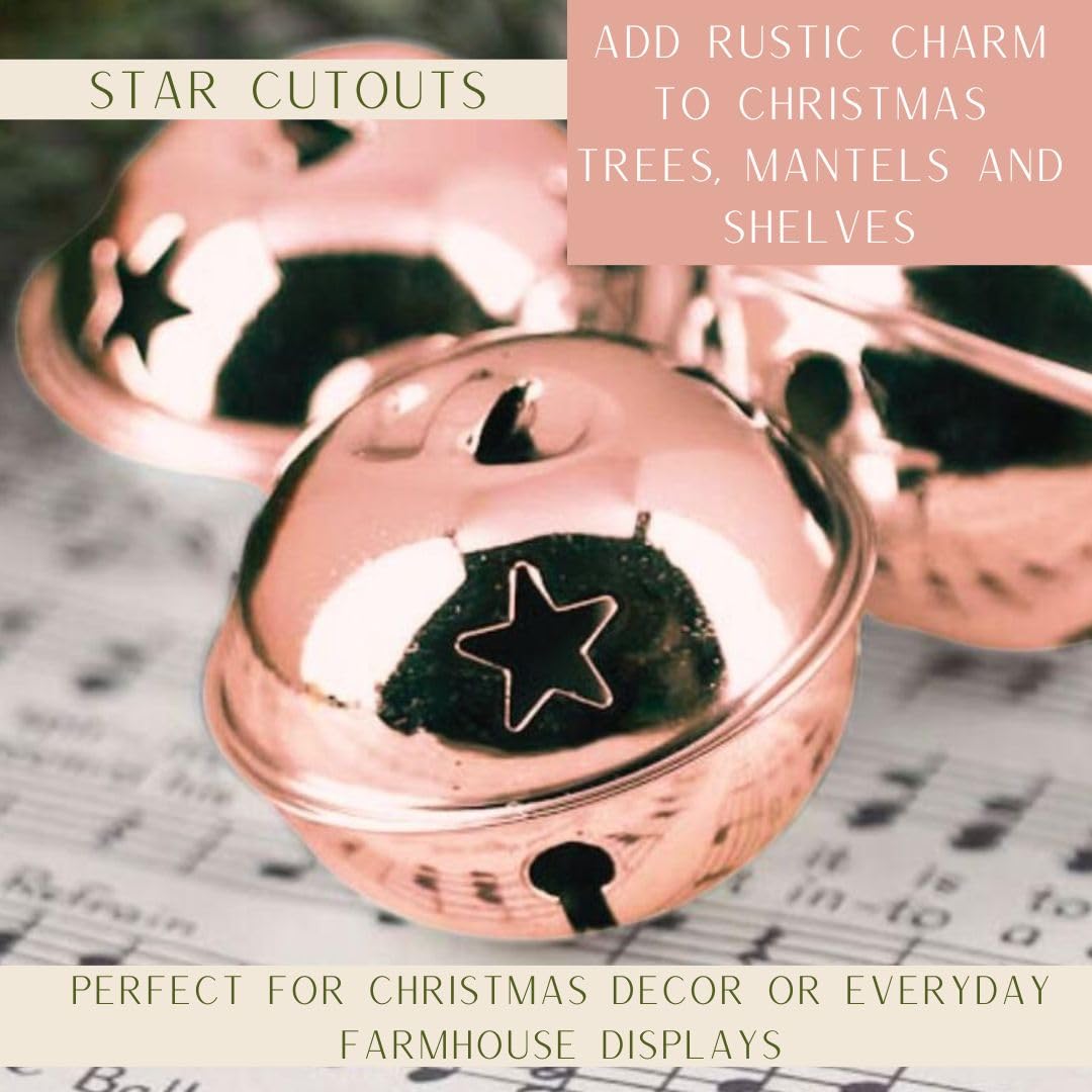 Factory Direct Craft Package of 16 Rose Gold Metal Jingle Bells with Star Cutout for Holiday and Home Decor and Embellishing (2 inch)