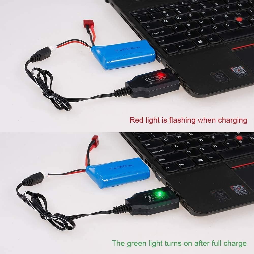 Set di 2 batterie ricaricabili agli ioni di litio da 7,4 V, 2000 mAh, 2S 20 C, connettore femmina con caricatore USB per auto RC Fuori Strada Camion Cavaliere WLtoys