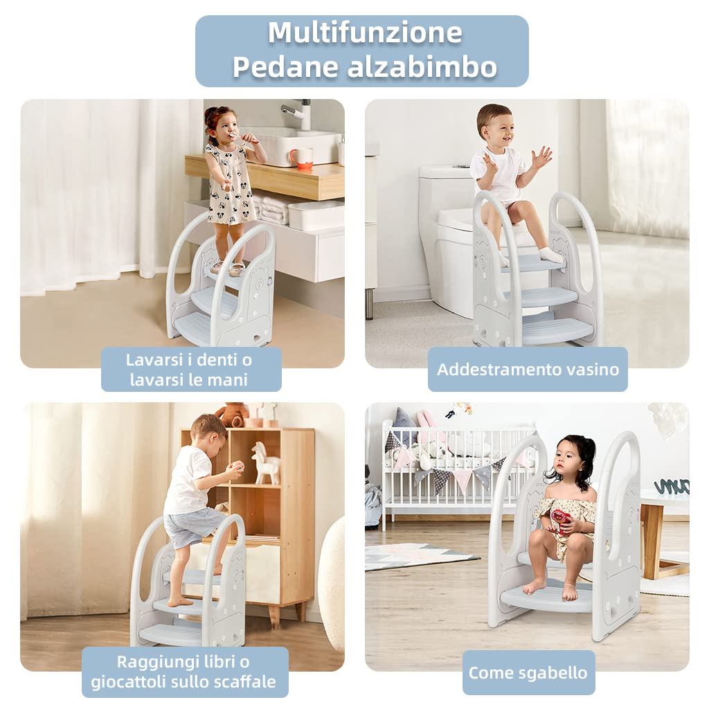 Scaletta gradini per bambini Sgabello a tre gradini Regolabile in Altezza Antiscivolo Grigio