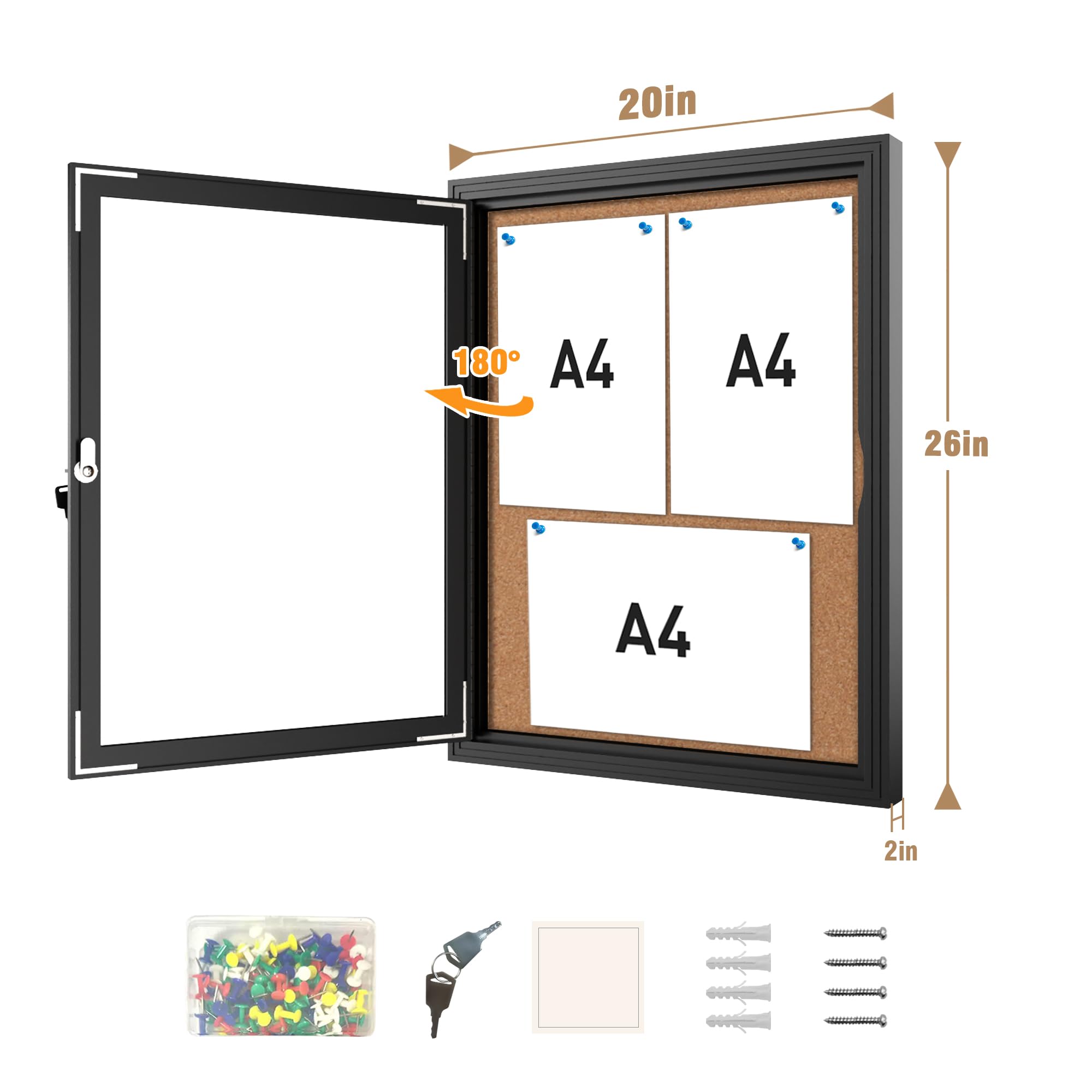 Mifuro Tablón de anuncios cerrado de 26 x 20 pulgadas, tablero de anuncios de corcho de aluminio resistente a la intemperie para escuela y oficina, marco plateado con flet negro