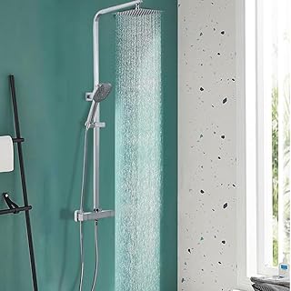 Beerwell Thermostatic Shower Set,Adjustable Height Shower Mixer Set for Bathroom with Square Rainfall Shower and Multi-Function Handheld Shower System (Silver-Square)