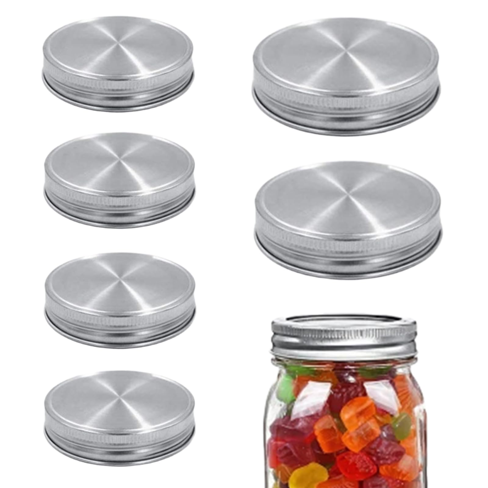 YYMT Pack of 6 Stainless Steel Mason Jar Lids, 70 mm Regular Mouth Leak-Proof Twist-Off Lid, Rustproof with Silicone Seal, Reusable for Preserving Jars, Spices, Jam, Coffee Jars, Silver