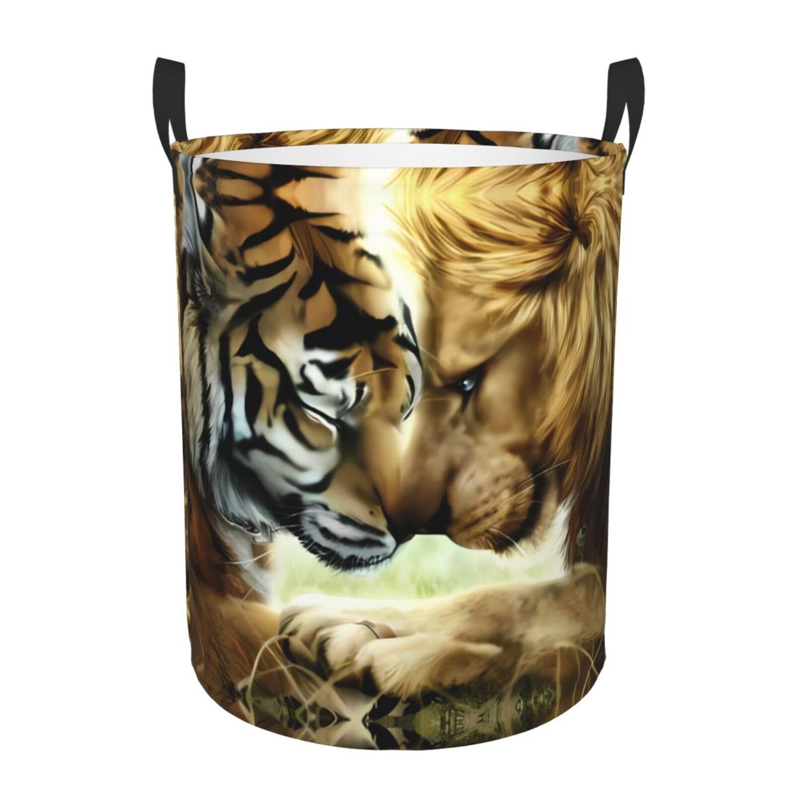 M Circular Hamper White Tiger And Lion (1) Print for Dirty Clothes